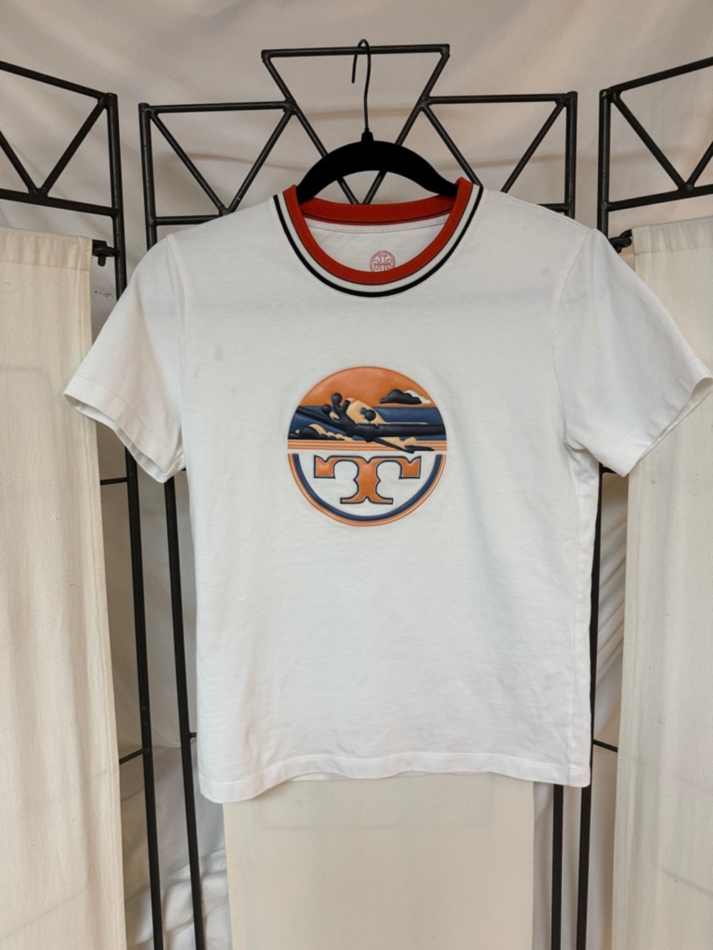 Tory Burch White Tee with Orange Logo and Trim